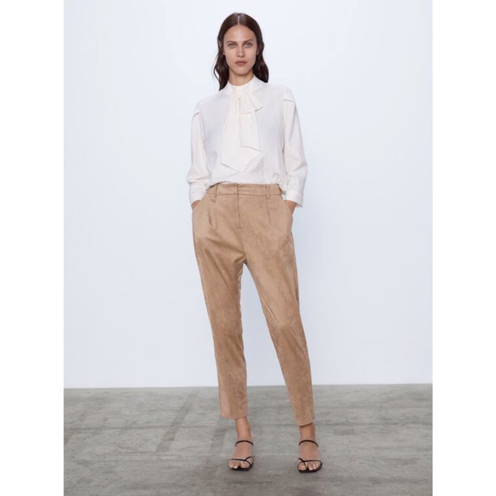 Zara High Waisted Pants Faux Suede Tan